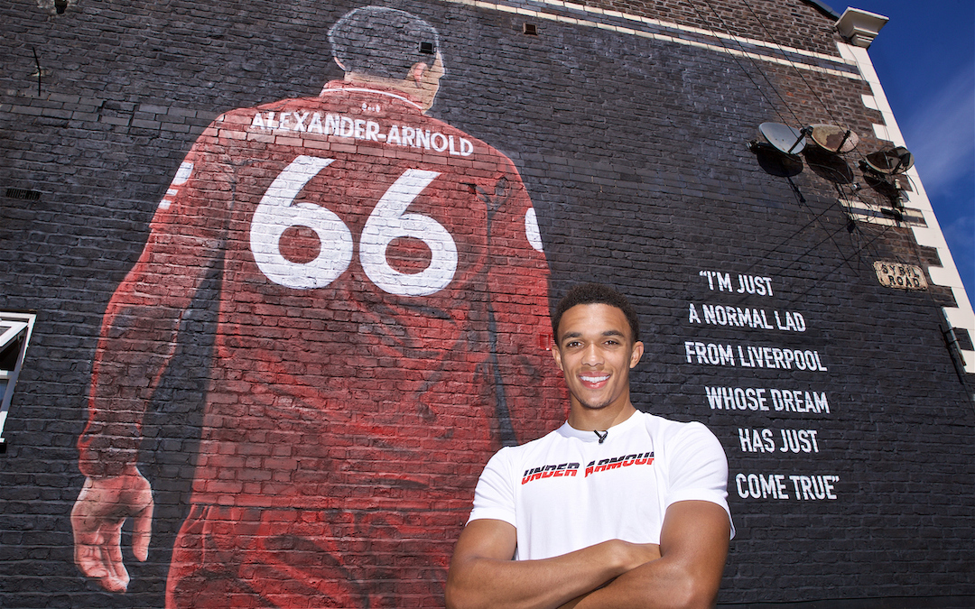 LIVERPOOL, ENGLAND - Thursday, August 8, 2019: Liverpool's Trent Alexander-Arnold poses for photograph with a mural of himself on the side of a building in Sybil Road, Anfield. The mural was commissioned by The Anfield Wrap and painted by local artist Akse P19. (Pic by David Rawcliffe/Propaganda)