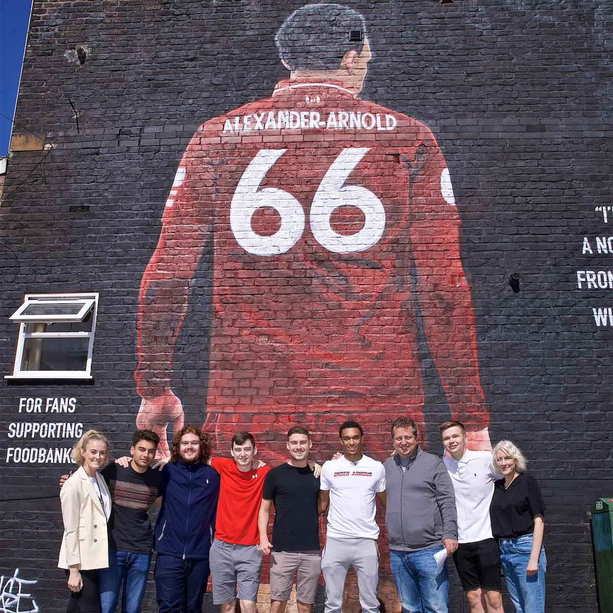 LIVERPOOL, ENGLAND - Thursday, August 8, 2019: The Anfield Wrap with Trent Alexander-Arnold at the official opening of a mural of Liverpool's Trent Alexander-Arnold on the side of a building in Sybil Road, Anfield. The mural was commissioned by The Anfield Wrap and painted by local artist Akse P19. (Pic by David Rawcliffe/Propaganda)
