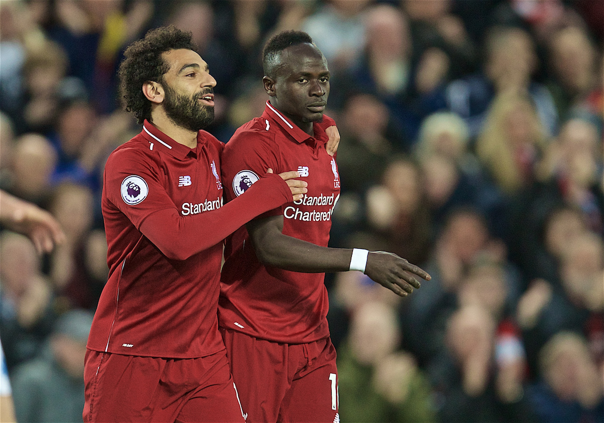 LIVERPOOL, ENGLAND - Friday, April 26, 2019: Liverpool's Sadio Mane (R) celebrates scoring the second goal with team-mate Mohamed Salah during the FA Premier League match between Liverpool FC and Huddersfield Town AFC at Anfield. (Pic by David Rawcliffe/Propaganda)