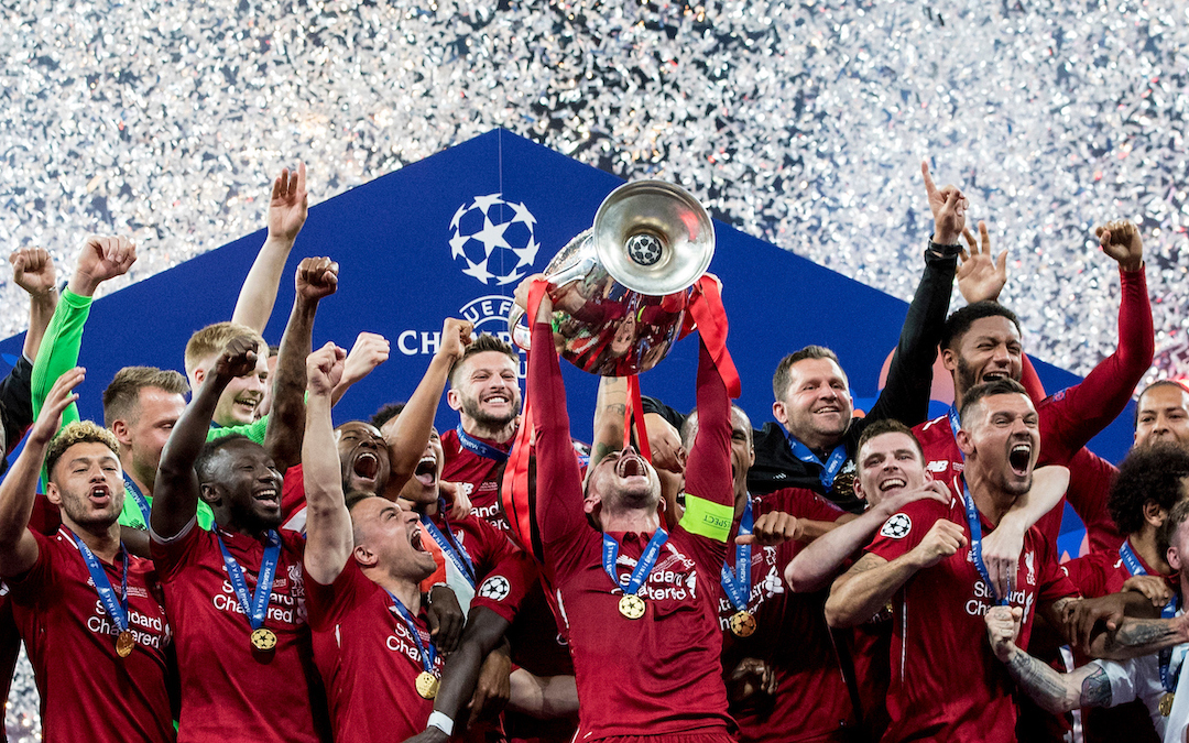 MADRID, SPAIN - SATURDAY, JUNE 1, 2019: Liverpool's captain Jordan Henderson lifts the European Cup following a 2-0 victory in the UEFA Champions League Final match between Tottenham Hotspur FC and Liverpool FC at the Estadio Metropolitano. (Pic by Paul Greenwood/Propaganda)