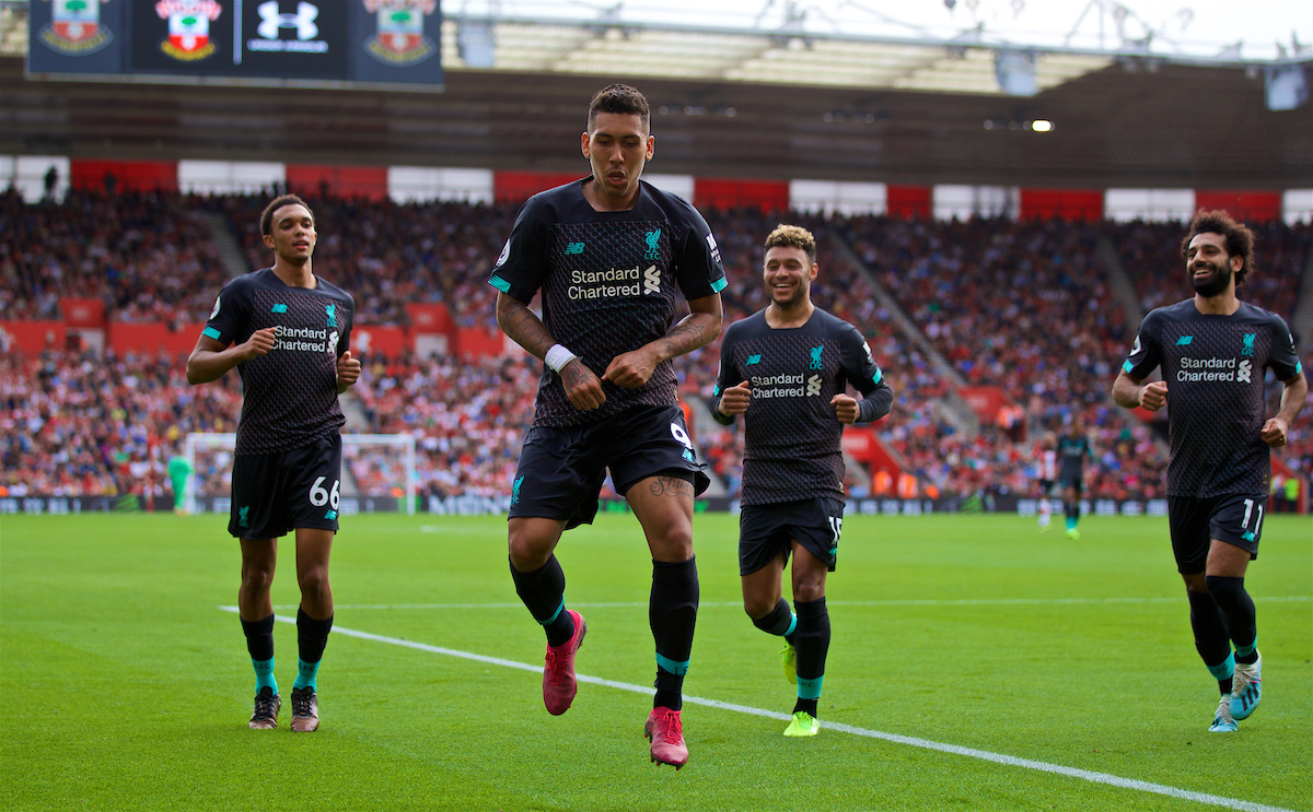 LIVERPOOL, ENGLAND - Saturday, August 17, 2019: Liverpool's Roberto Firmino celebrates scoring the second goal during the FA Premier League match between Southampton FC and Liverpool FC at St. Mary's Stadium. (Pic by David Rawcliffe/Propaganda)