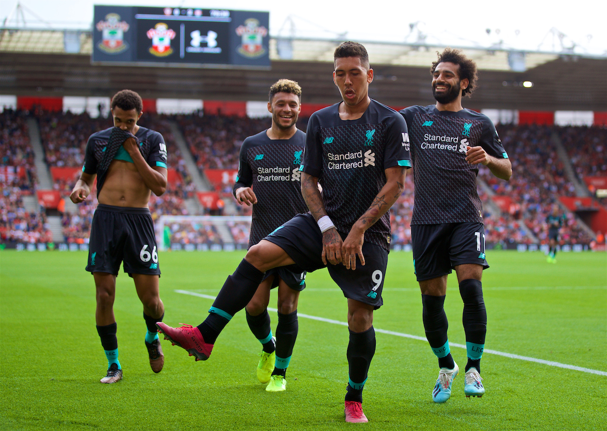 LIVERPOOL, ENGLAND - Saturday, August 17, 2019: Liverpool's Roberto Firmino (C) celebrates scoring the second goal with team-mates Alex Oxlade-Chamberlain (L) and Mohamed Salah (R) during the FA Premier League match between Southampton FC and Liverpool FC at St. Mary's Stadium. (Pic by David Rawcliffe/Propaganda)