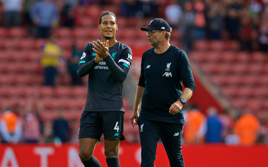 LIVERPOOL, ENGLAND - Saturday, August 17, 2019: Liverpool's manager Jürgen Klopp (R) celebrates at the final whistle with Virgil van Dijk after the FA Premier League match between Southampton FC and Liverpool FC at St. Mary's Stadium. Liverpool won 2-1. (Pic by David Rawcliffe/Propaganda)