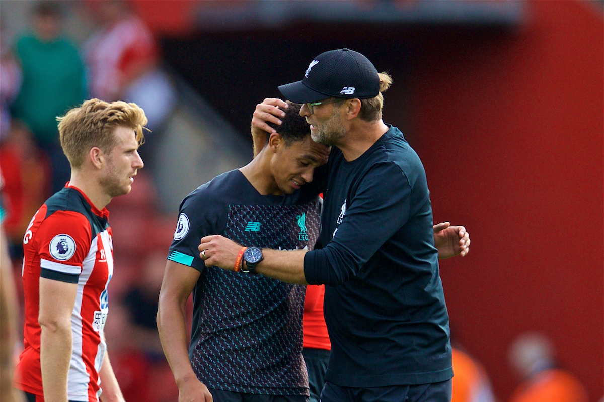 LIVERPOOL, ENGLAND - Saturday, August 17, 2019: Liverpool's manager Jürgen Klopp embraces Trent Alexander-Arnold after the FA Premier League match between Southampton FC and Liverpool FC at St. Mary's Stadium. Liverpool won 2-1. (Pic by David Rawcliffe/Propaganda)