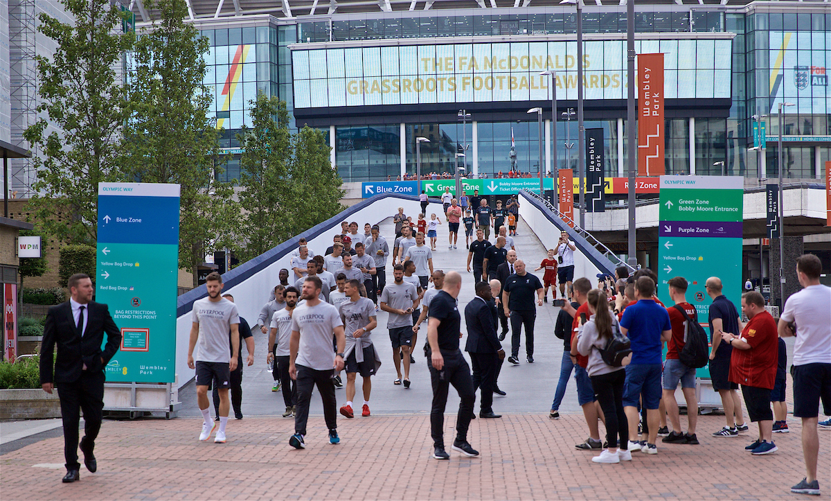 LONDON, ENGLAND - Sunday, August 4, 2019: Liverpool players take a walk on Olympic Way (formerly Wembley Way) before the FA Community Shield match between Manchester City FC and Liverpool FC at Wembley Stadium. (Pic by David Rawcliffe/Propaganda)
