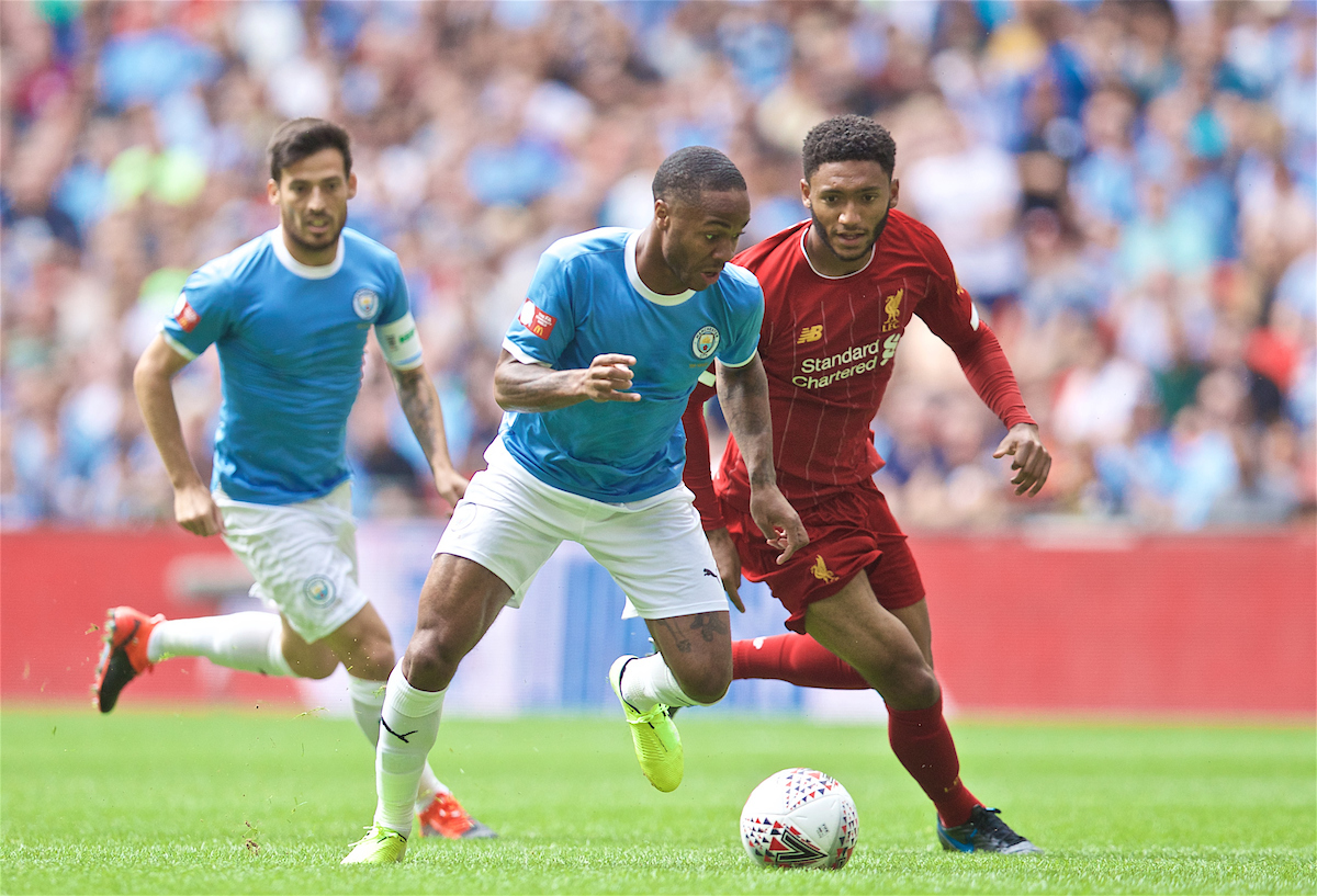 LONDON, ENGLAND - Sunday, August 4, 2019: Manchester City's Raheem Sterling and Liverpool's Joe Gomez during the FA Community Shield match between Manchester City FC and Liverpool FC at Wembley Stadium. (Pic by David Rawcliffe/Propaganda)