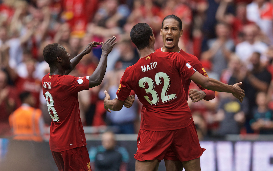 LONDON, ENGLAND - Sunday, August 4, 2019: Liverpool's Joel Matip celebrates scoring the first equalising goal with team-mate Virgil van Dijk during the FA Community Shield match between Manchester City FC and Liverpool FC at Wembley Stadium. (Pic by David Rawcliffe/Propaganda)