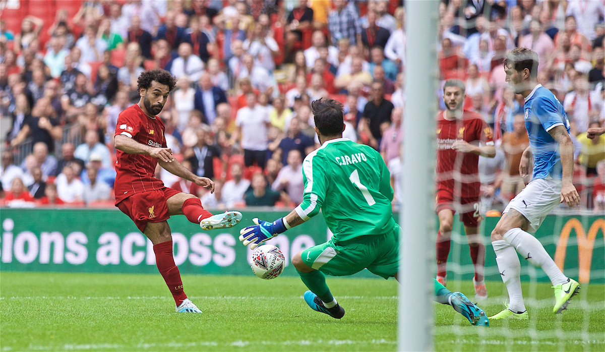 LONDON, ENGLAND - Sunday, August 4, 2019: Liverpool's Mohamed Salah sees his shot saved by Manchester City's goalkeeper Claudio Bravo during the FA Community Shield match between Manchester City FC and Liverpool FC at Wembley Stadium. (Pic by David Rawcliffe/Propaganda)