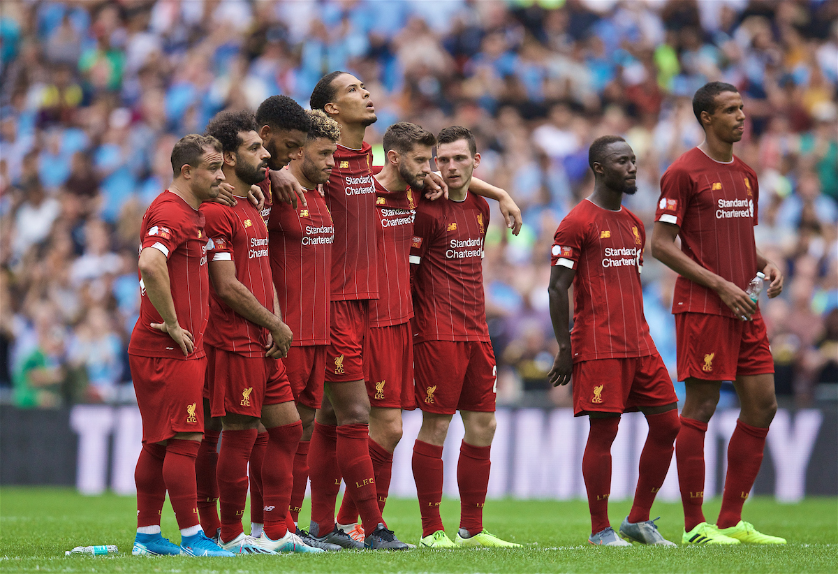 LONDON, ENGLAND - Sunday, August 4, 2019: Liverpool players look on during the shoot out to decide the FA Community Shield match between Manchester City FC and Liverpool FC at Wembley Stadium. Manchester City won 5-4 on penalties after a 1-1 draw. Xherdan Shaqiri, Mohamed Salah, Joe Gomez, Alex Oxlade-Chamberlain, Virgil van Dijk, Adam Lallana, Andy Robertson, Naby Keita, Joel Matip. (Pic by David Rawcliffe/Propaganda)