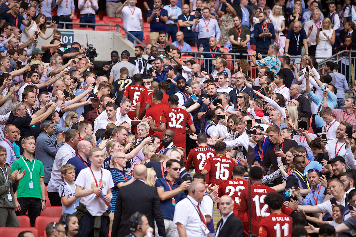LONDON, ENGLAND - Sunday, August 4, 2019: Liverpool players climb the steps to pick up their runners-up medals after the penalty shoot out to decide the FA Community Shield match between Manchester City FC and Liverpool FC at Wembley Stadium. Manchester City won 5-4 on penalties after a 1-1 draw. (Pic by David Rawcliffe/Propaganda)