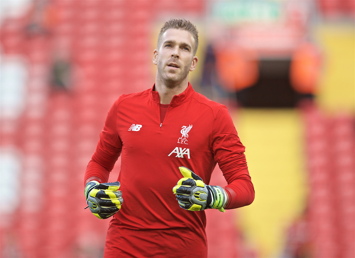 LIVERPOOL, ENGLAND - Friday, August 9, 2019: Liverpool's goalkeeper Adrián San Miguel del Castillo during the pre-match warm-up before the opening FA Premier League match of the season between Liverpool FC and Norwich City FC at Anfield. (Pic by David Rawcliffe/Propaganda)