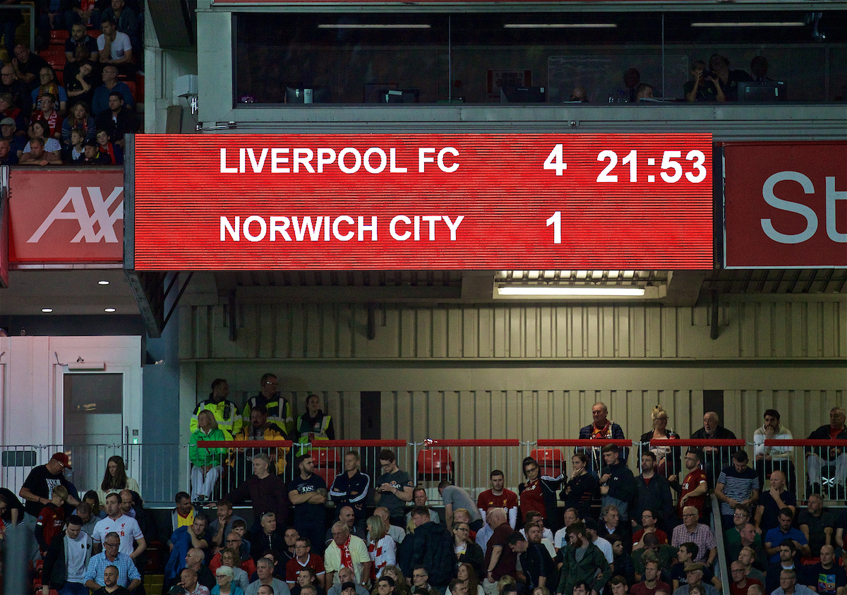LIVERPOOL, ENGLAND - Friday, August 9, 2019: Liverpool's scoreboard records the 4-1 victory for the Reds during the opening FA Premier League match of the season between Liverpool FC and Norwich City FC at Anfield. (Pic by David Rawcliffe/Propaganda)