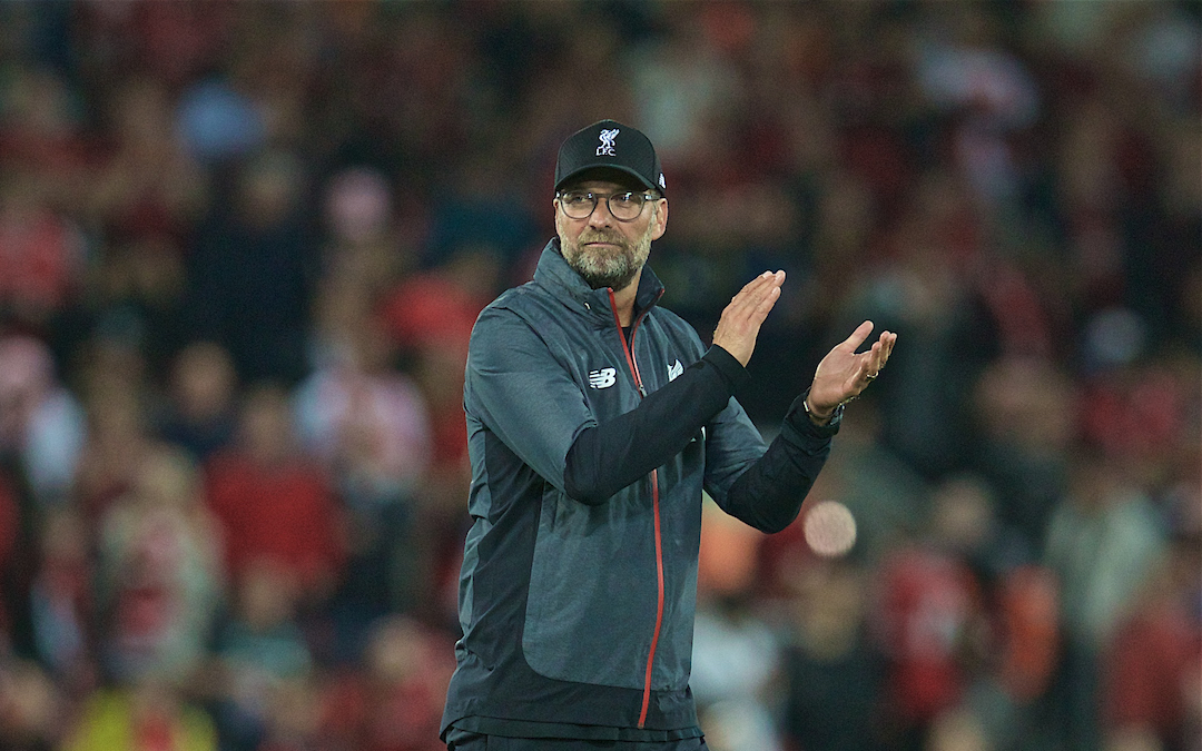 LIVERPOOL, ENGLAND - Friday, August 9, 2019: Liverpool's manager Jürgen Klopp applauds the supporters after the opening FA Premier League match of the season between Liverpool FC and Norwich City FC at Anfield. Liverpool won 4-1. (Pic by David Rawcliffe/Propaganda)