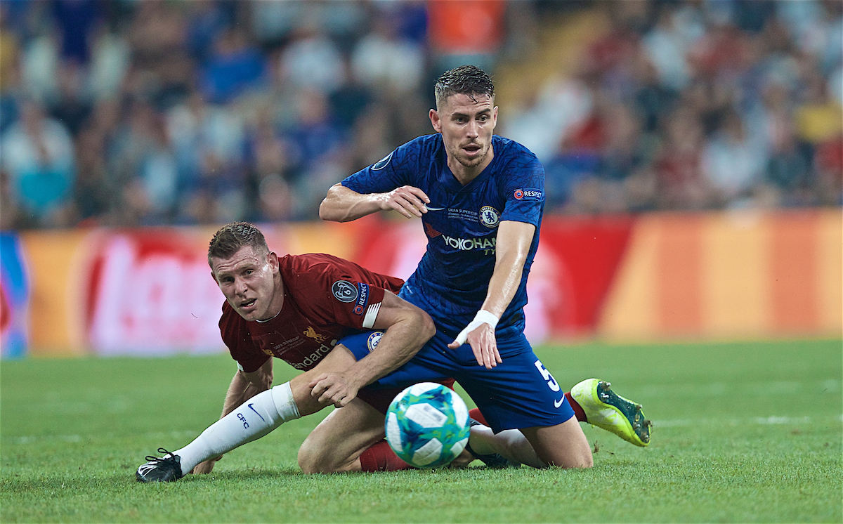 ISTANBUL, TURKEY - Wednesday, August 14, 2019: Liverpool's James Milner (L) and Chelsea's Jorge Luiz Frello Filho 'Jorginho' during the UEFA Super Cup match between Liverpool FC and Chelsea FC at Besiktas Park. (Pic by David Rawcliffe/Propaganda)