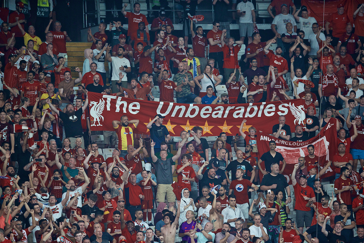 ISTANBUL, TURKEY - Wednesday, August 14, 2019: Liverpool supporters 'The Unbearables' celebrate after their side won the Super Cup after the UEFA Super Cup match between Liverpool FC and Chelsea FC at Besiktas Park. Liverpool won 5-4 on penalties after a 1-1 draw. (Pic by David Rawcliffe/Propaganda)