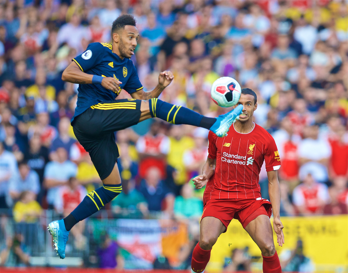 LIVERPOOL, ENGLAND - Saturday, August 24, 2019: Arsenal's Pierre-Emerick Aubameyang during the FA Premier League match between Liverpool FC and Arsenal FC at Anfield. (Pic by David Rawcliffe/Propaganda)