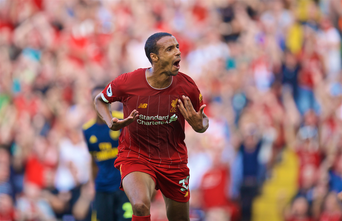 LIVERPOOL, ENGLAND - Saturday, August 24, 2019: Liverpool's Joel Matip celebrates scoring the first goal during the FA Premier League match between Liverpool FC and Arsenal FC at Anfield. (Pic by David Rawcliffe/Propaganda)