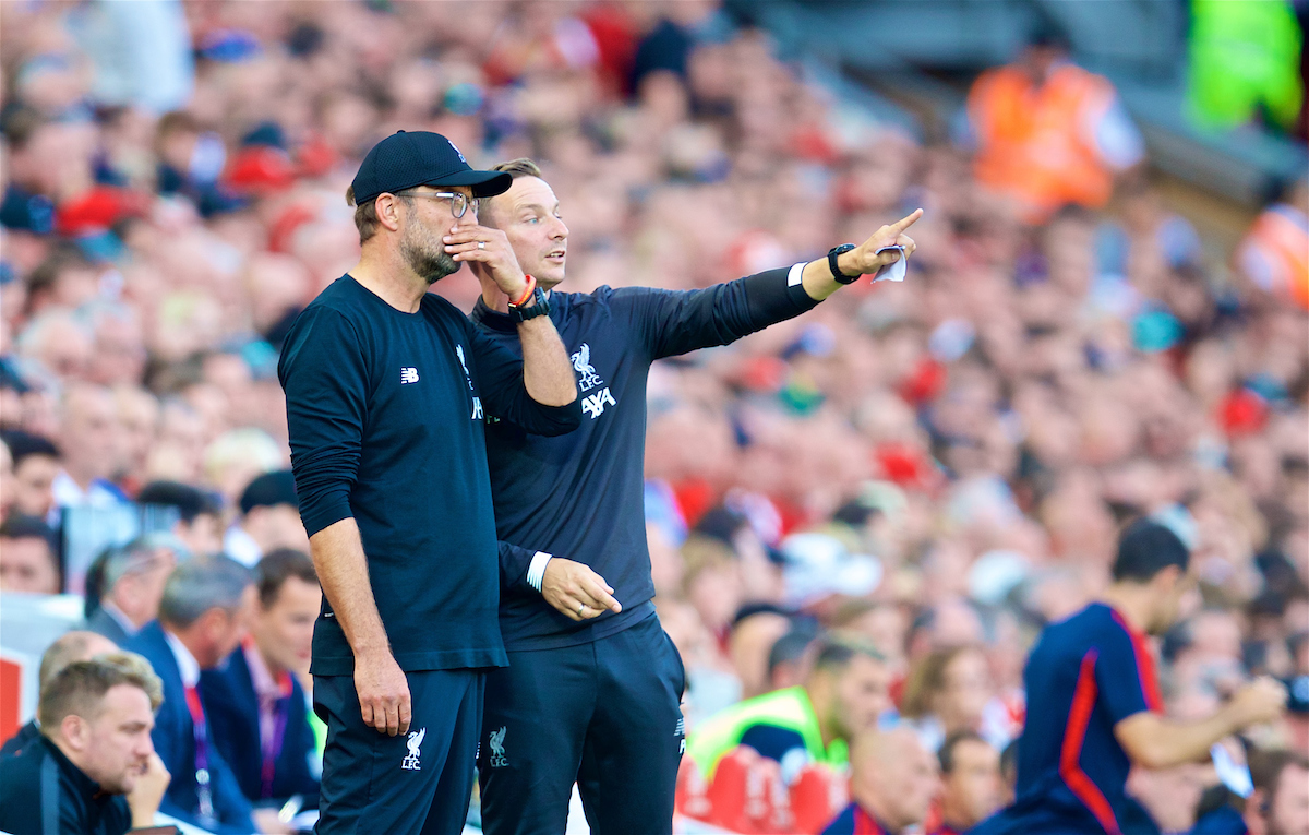 LIVERPOOL, ENGLAND - Saturday, August 24, 2019: Liverpool's manager Jürgen Klopp (L) and first-team development coach Pepijn Lijnders during the FA Premier League match between Liverpool FC and Arsenal FC at Anfield. (Pic by David Rawcliffe/Propaganda)