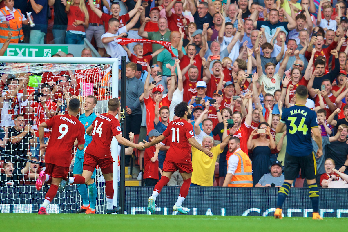 LIVERPOOL, ENGLAND - Saturday, August 24, 2019: Liverpool's Mohamed Salah celebrates scoring the second goal, from a penalty kick, during the FA Premier League match between Liverpool FC and Arsenal FC at Anfield. (Pic by David Rawcliffe/Propaganda)