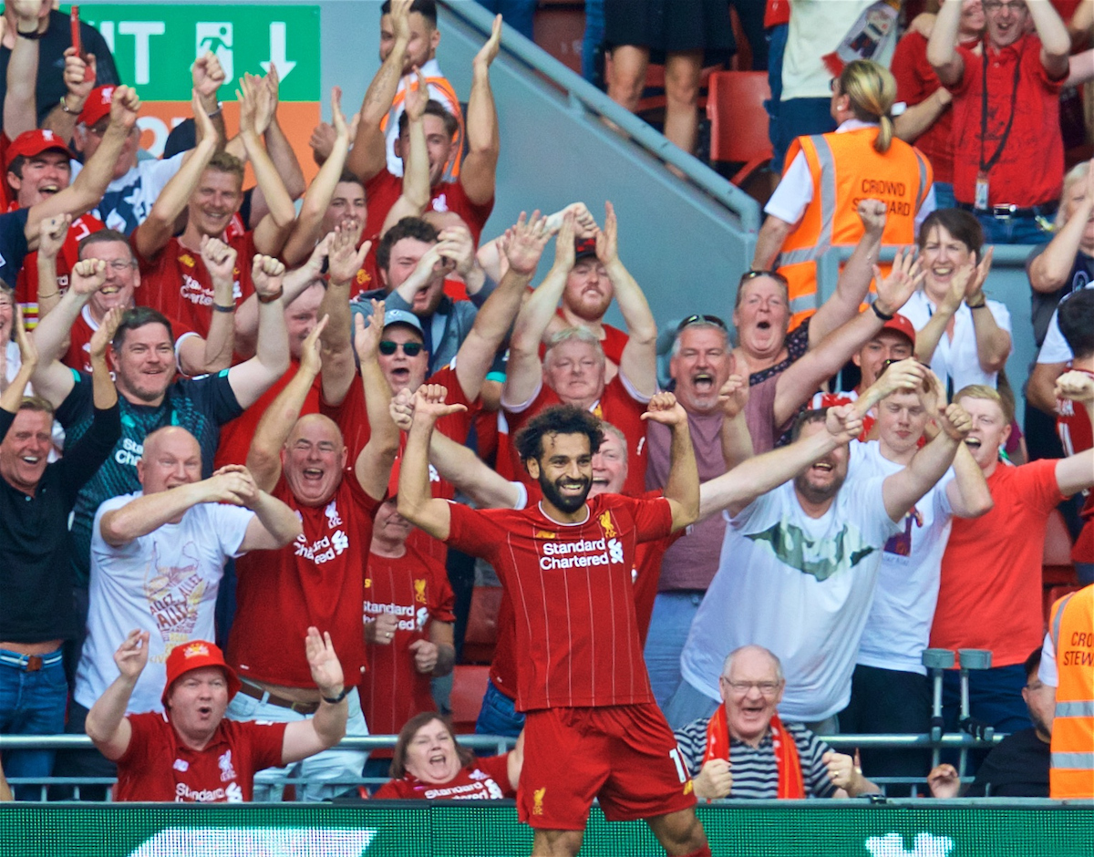 LIVERPOOL, ENGLAND - Saturday, August 24, 2019: Liverpool's Mohamed Salah celebrates scoring the third goal during the FA Premier League match between Liverpool FC and Arsenal FC at Anfield. (Pic by David Rawcliffe/Propaganda)