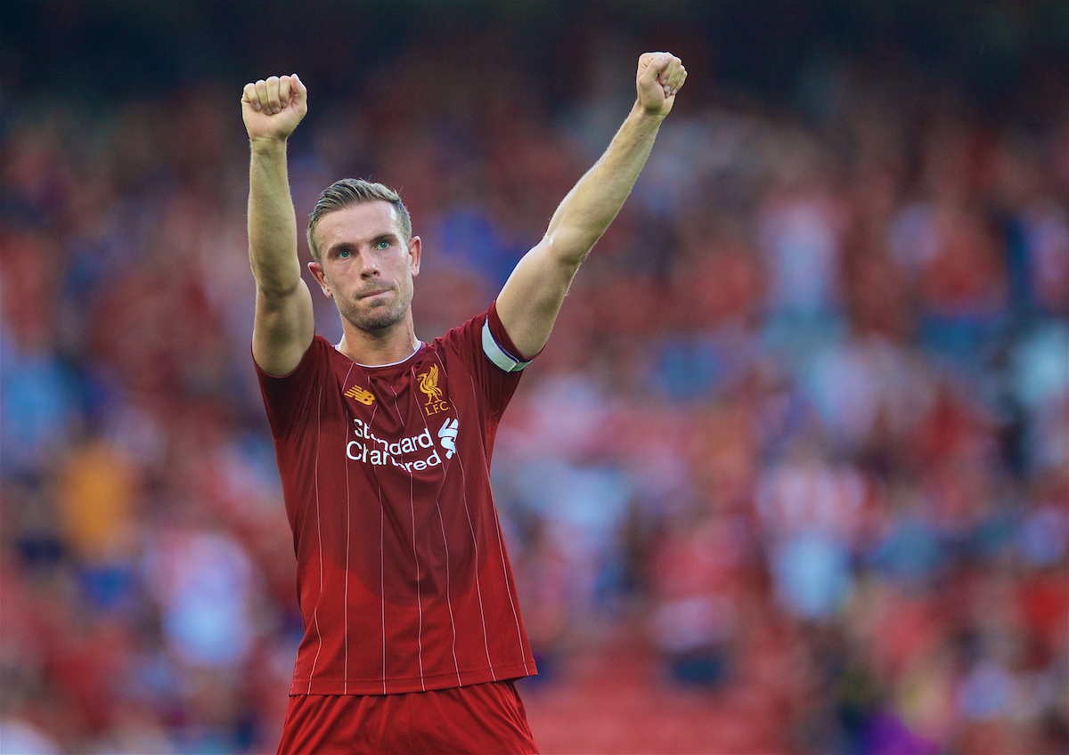 LIVERPOOL, ENGLAND - Saturday, August 24, 2019: Liverpool's captain Jordan Henderson celebrates after the FA Premier League match between Liverpool FC and Arsenal FC at Anfield. Liverpool won 3-1. (Pic by David Rawcliffe/Propaganda)