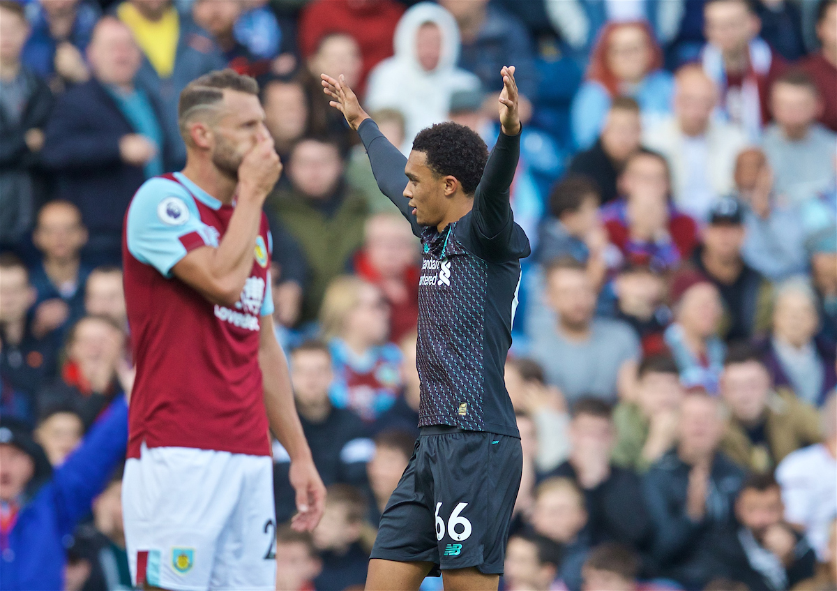 BURNLEY, ENGLAND - Saturday, August 31, 2019: Liverpool's Trent Alexander-Arnold celebrates scoring the first goal during the FA Premier League match between Burnley FC and Liverpool FC at Turf Moor. (Pic by David Rawcliffe/Propaganda)