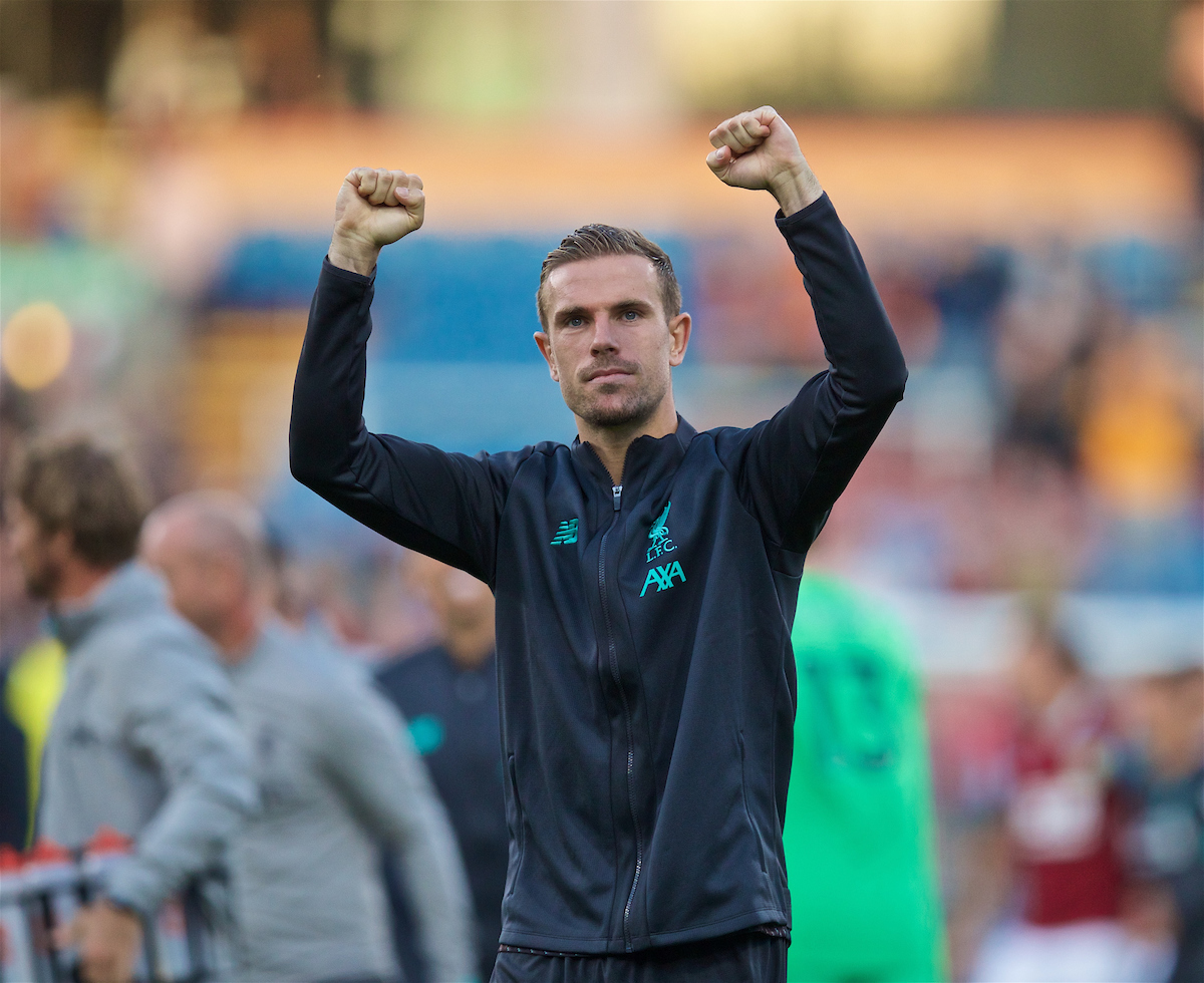 BURNLEY, ENGLAND - Saturday, August 31, 2019: Liverpool's captain Jordan Henderson celebrates after the FA Premier League match between Burnley FC and Liverpool FC at Turf Moor. Liverpool won 3-0. (Pic by David Rawcliffe/Propaganda)