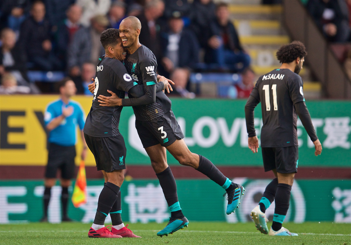 BURNLEY, ENGLAND - Saturday, August 31, 2019: Liverpool's Roberto Firmino (L) celebrates scoring the third goal with team-mate Fabio Henrique Tavares 'Fabinho' during the FA Premier League match between Burnley FC and Liverpool FC at Turf Moor. (Pic by David Rawcliffe/Propaganda)