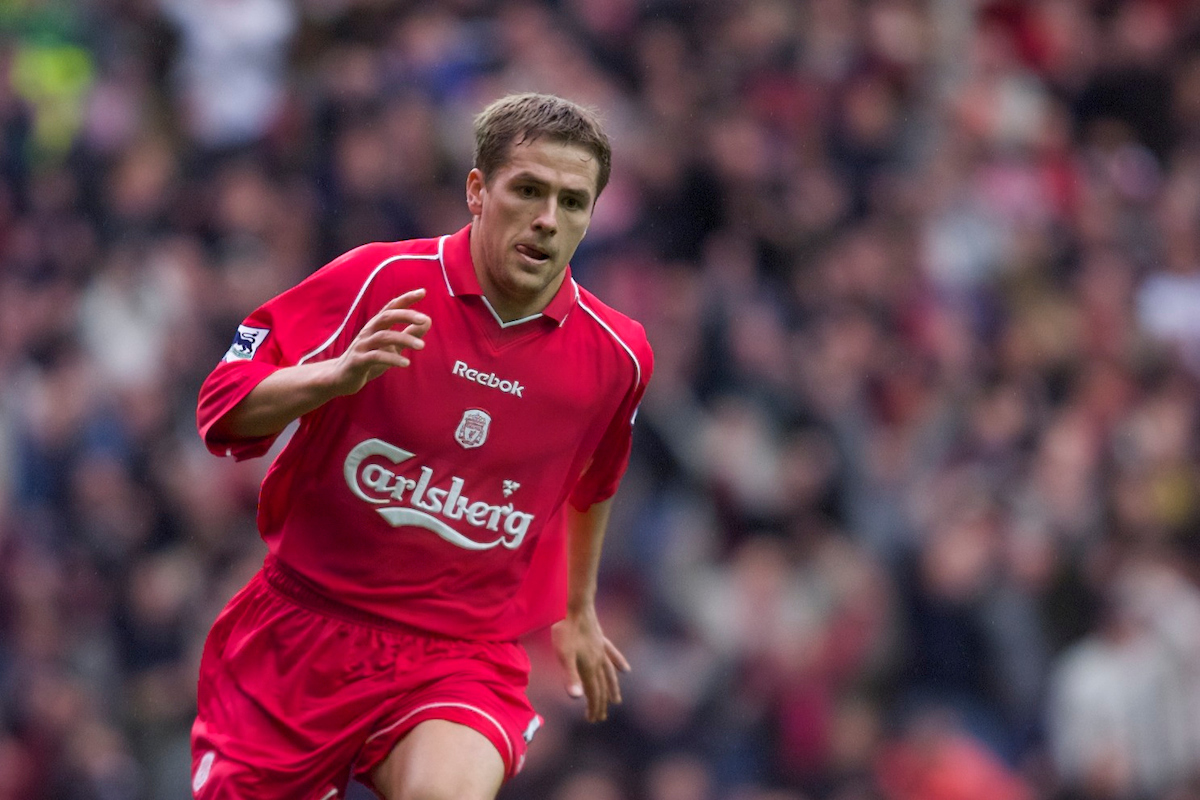 LIVERPOOL, ENGLAND - Sunday, November 4, 2001: Liverpool's Michael Owen turns to celebrates his first goal against Manchester United during the Premiership match at Anfield. (Pic by David Rawcliffe/Propaganda)