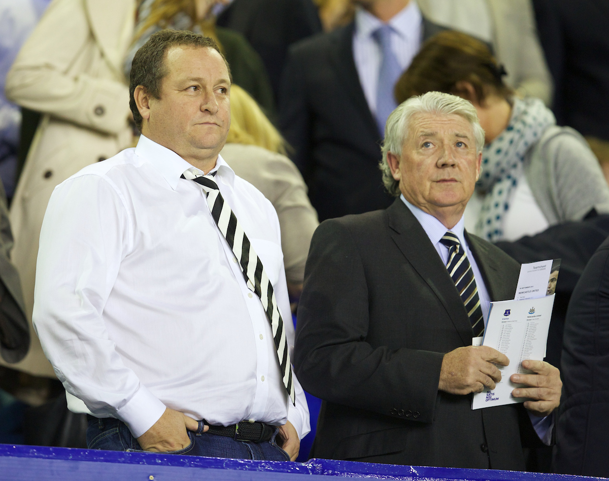 LIVERPOOL, ENGLAND - Monday, September 30, 2013: Newcastle United's owner Mike Ashley and Director Football Joe Kinnear during the Premiership match against Everton at Goodison Park. (Pic by David Rawcliffe/Propaganda)