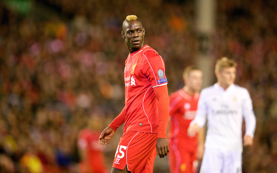 Liverpool's Mario Balotelli looks dejected as Real Madrid CF score the opening goal during the UEFA Champions League Group B match at Anfield