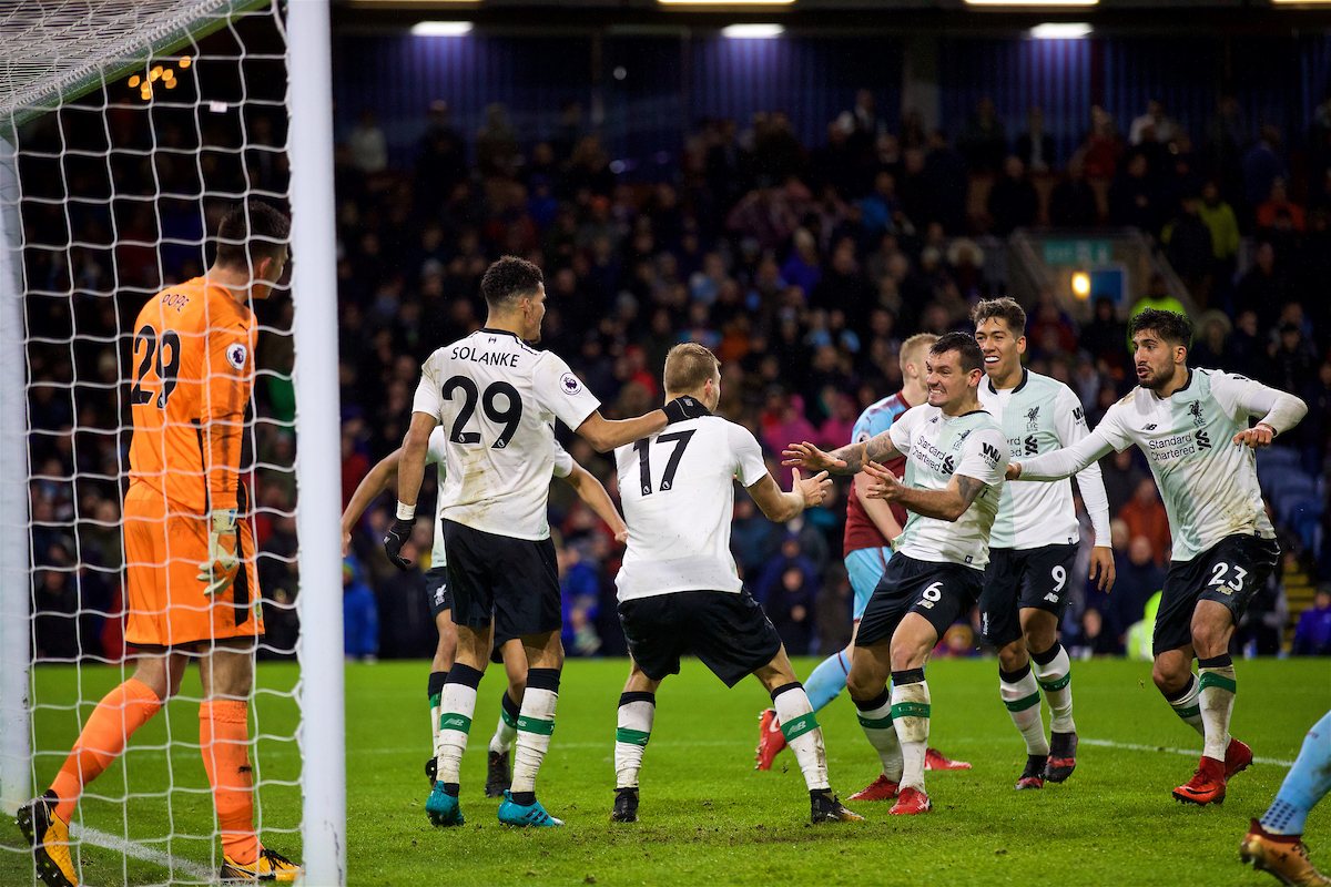 LIVERPOOL, ENGLAND - Saturday, December 30, 2017: Liverpool's Ragnar Klavan celebrates scoring the winning second goal with a header with team-mate Dominic Solanke and Dejan Lovren during the FA Premier League match between Liverpool and Leicester City at Anfield. (Pic by David Rawcliffe/Propaganda)