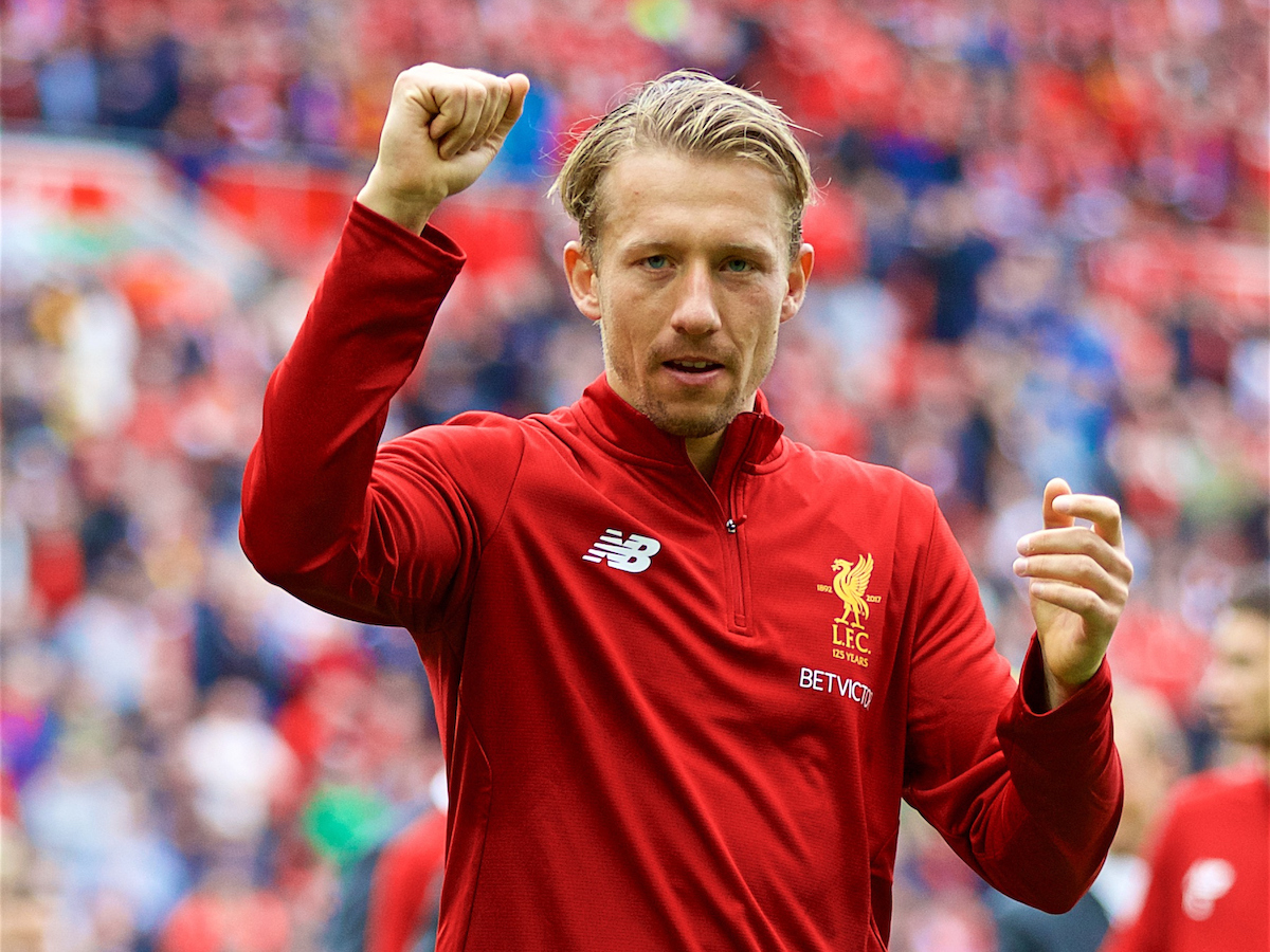 LIVERPOOL, ENGLAND - Sunday, May 21, 2017: Liverpool's Lucas Leiva salutes the supporters after the FA Premier League match against Middlesbrough at Anfield. (Pic by David Rawcliffe/Propaganda)