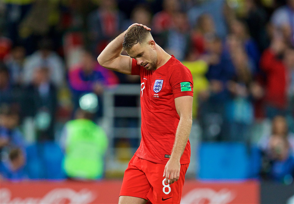 MOSCOW, RUSSIA - Tuesday, July 3, 2018: England's Jordan Henderson looks dejected as he walks back to the half-way line after missing his side's third penalty of the shoot-out during the FIFA World Cup Russia 2018 Round of 16 match between Colombia and England at the Spartak Stadium. (Pic by David Rawcliffe/Propaganda)