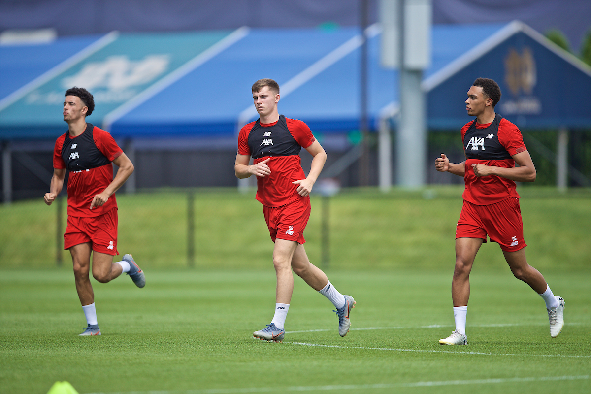 SOUTH BEND, INDIANA, USA - Thursday, July 18, 2019: Liverpool's Curtis Jones, Ben Woodburn and Trent Alexander-Arnold during a training session ahead of the friendly match against Borussia Dortmund at the Notre Dame Stadium on day three of the club's pre-season tour of America. (Pic by David Rawcliffe/Propaganda)