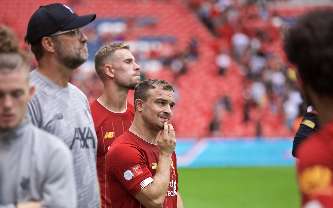 LONDON, ENGLAND - Sunday, August 4, 2019: Liverpool's Xherdan Shaqiri looks dejected after the FA Community Shield match between Manchester City FC and Liverpool FC at Wembley Stadium. Manchester City won 5-4 on penalties after a 1-1 draw. (Pic by David Rawcliffe/Propaganda)