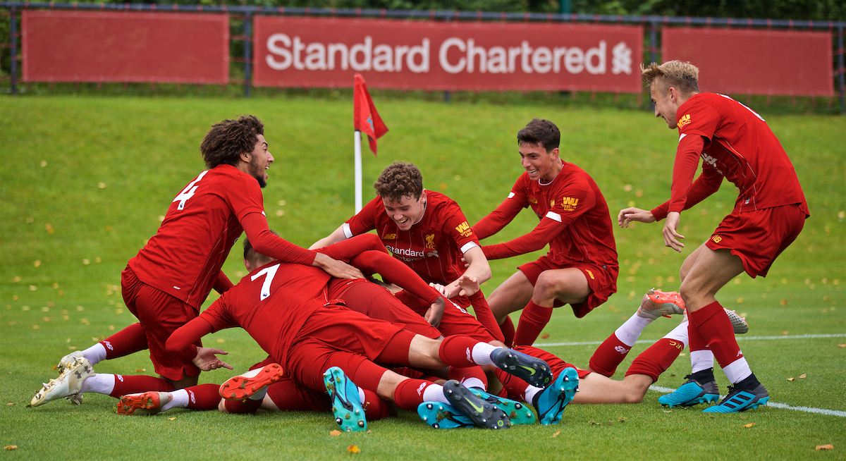 KIRKBY, ENGLAND - Saturday, August 31, 2019: Liverpool players celebrate the fourth goal during the Under-18 FA Premier League match between Liverpool FC and Manchester United at the Liverpool Academy. (Pic by David Rawcliffe/Propaganda)