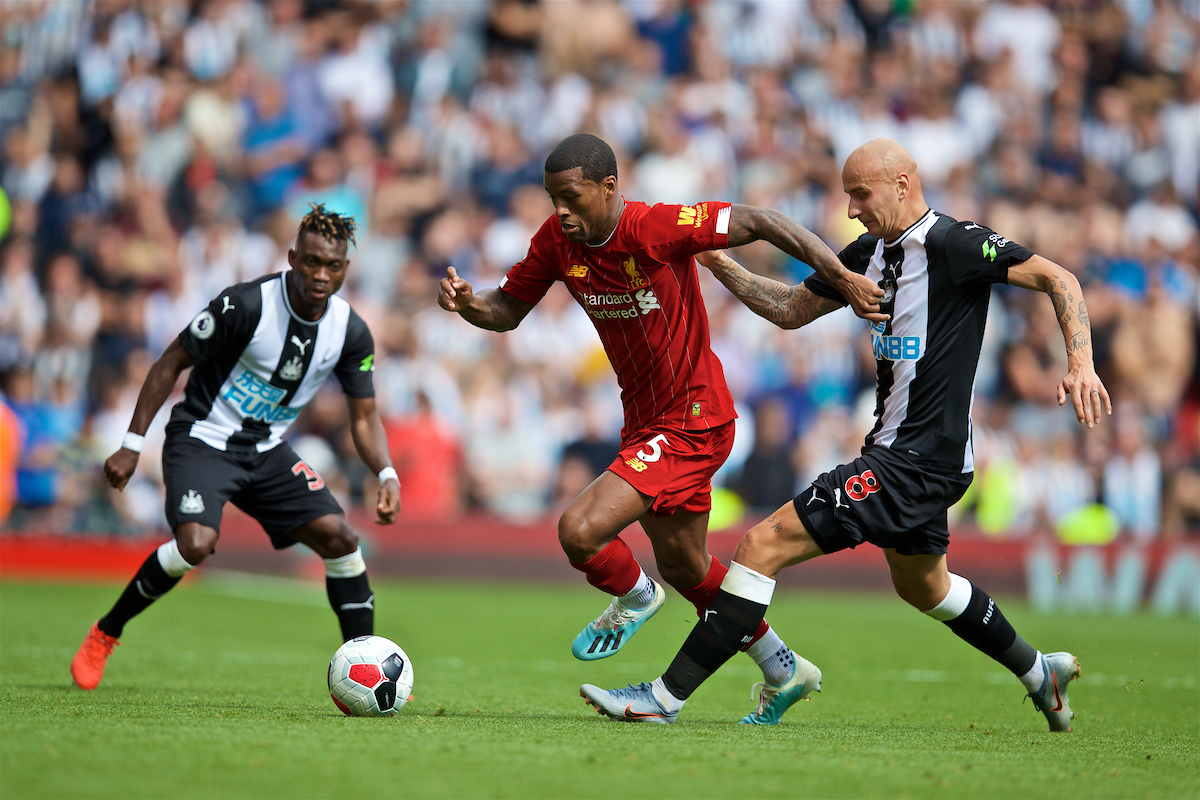 LIVERPOOL, ENGLAND - Saturday, September 14, 2019: Liverpool's Georginio Wijnaldum (C) and Newcastle United's Jonjo Shelvey during the FA Premier League match between Liverpool FC and Newcastle United FC at Anfield. (Pic by David Rawcliffe/Propaganda)