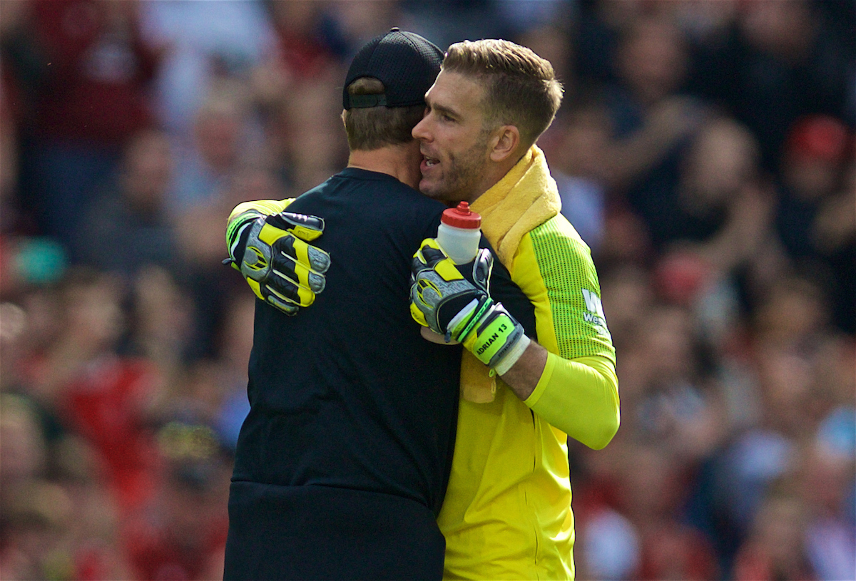 LIVERPOOL, ENGLAND - Saturday, September 14, 2019: Liverpool's goalkeeper Adrián San Miguel del Castillo hugs manager Jürgen Klopp after the FA Premier League match between Liverpool FC and Newcastle United FC at Anfield. Liverpool won 3-1. (Pic by David Rawcliffe/Propaganda)