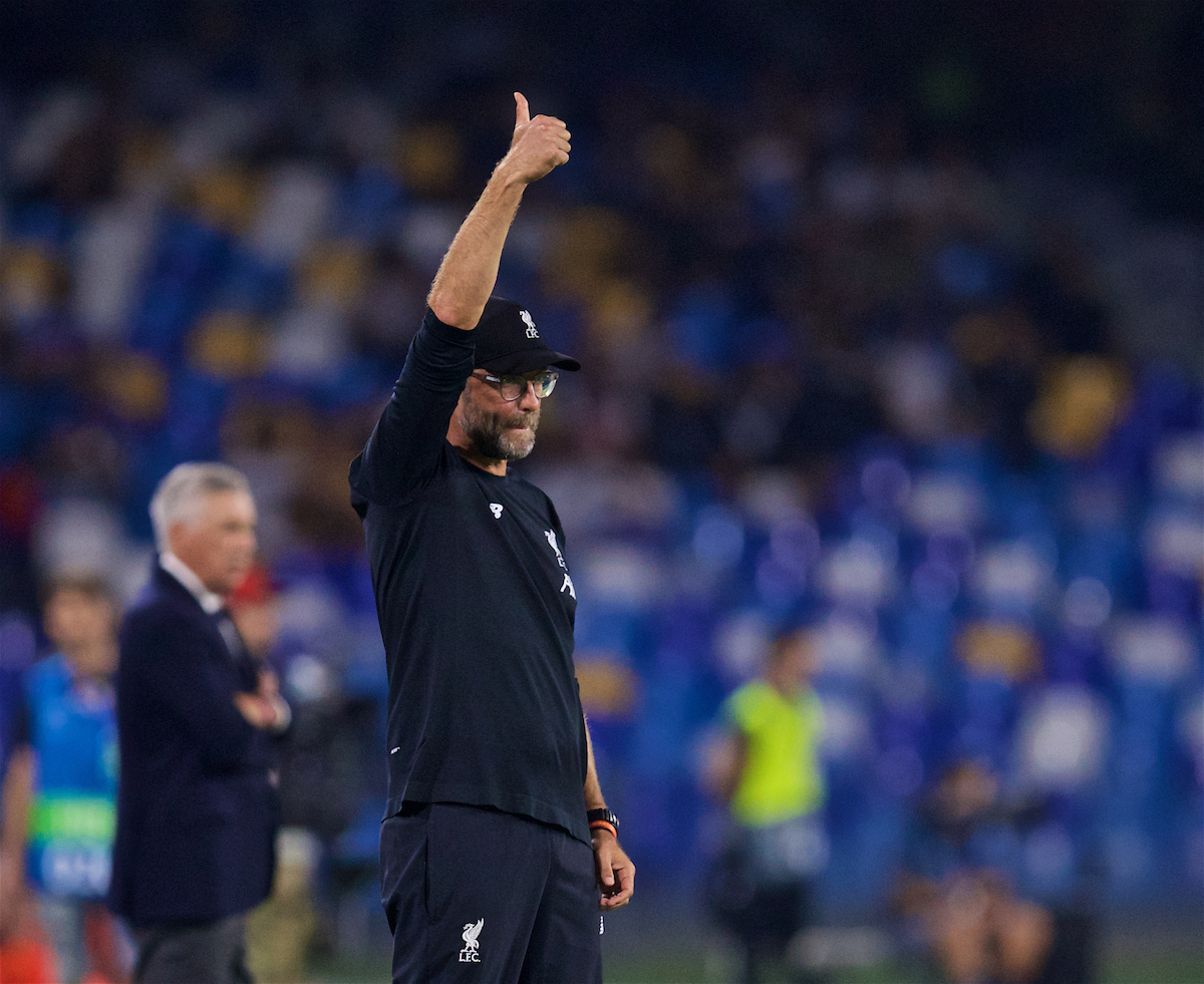 NAPLES, ITALY - Tuesday, September 17, 2019: Liverpool's manager Jürgen Klopp reacts during the UEFA Champions League Group E match between SSC Napoli and Liverpool FC at the Studio San Paolo. (Pic by David Rawcliffe/Propaganda)