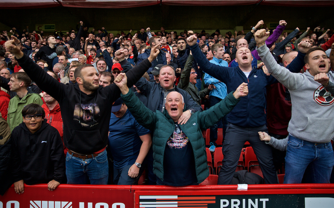 SHEFFIELD, ENGLAND - Thursday, September 26, 2019: Liverpool supporters celebrate their side's winning goal during the FA Premier League match between Sheffield United FC and Liverpool FC at Bramall Lane. Liverpool won 1-0. (Pic by David Rawcliffe/Propaganda)