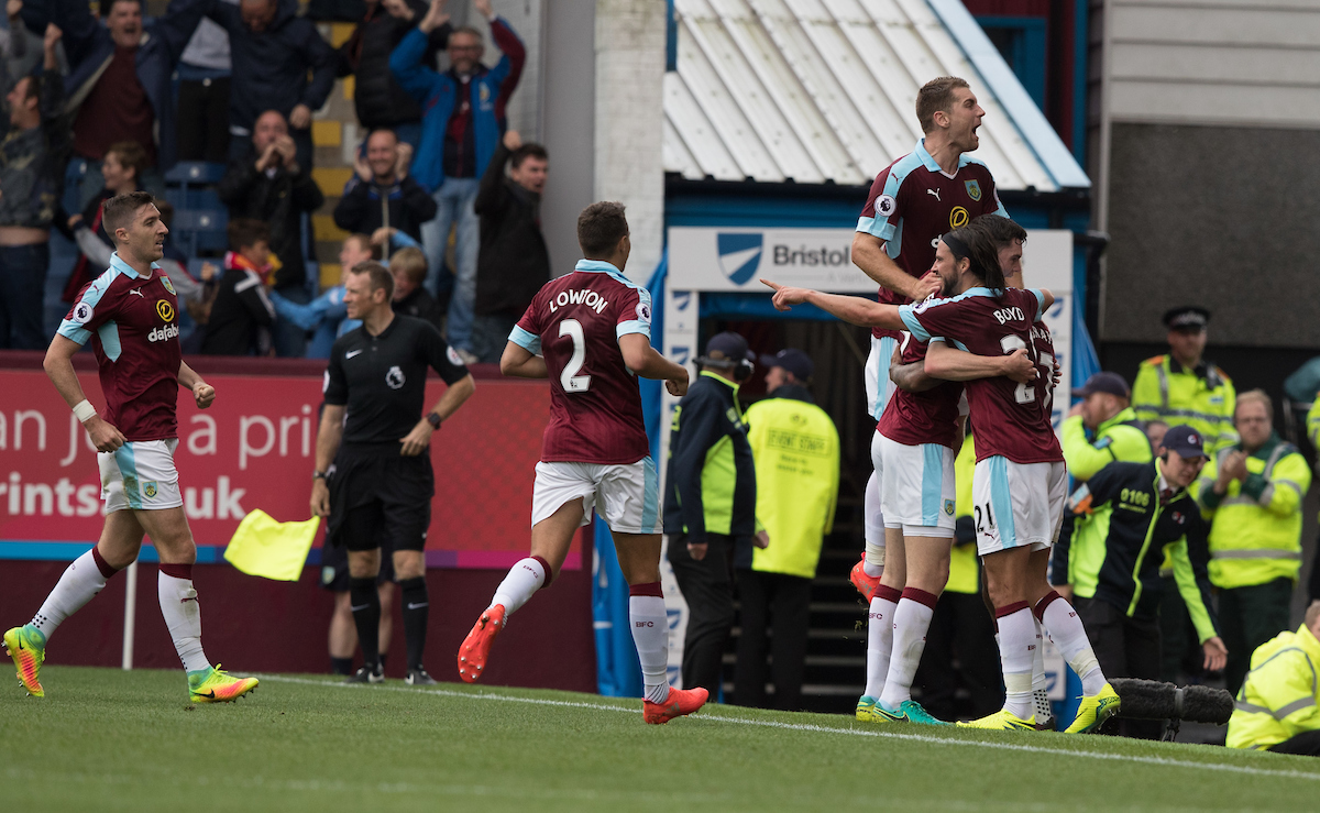 BURNLEY, ENGLAND - Saturday, August 20, 2016: Andre Gray celebrates scoring Burnley's second goal during the FA Premier League match at Turf Moore against Liverpool. (Pic by Gavin Trafford/Propaganda)