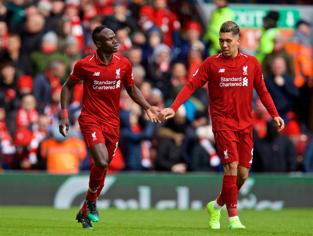 LIVERPOOL, ENGLAND - Saturday, March 9, 2019: Liverpool's Sadio Mane celebrates scoring the second goal with team-mate Roberto Firmino during the FA Premier League match between Liverpool FC and Burnley FC at Anfield. (Pic by David Rawcliffe/Propaganda)