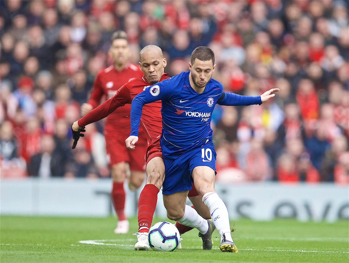 LIVERPOOL, ENGLAND - Sunday, April 14, 2019: Liverpool's Fabio Henrique Tavares 'Fabinho' (L) and Eden Hazard during the FA Premier League match between Liverpool FC and Chelsea FC at Anfield. (Pic by David Rawcliffe/Propaganda)