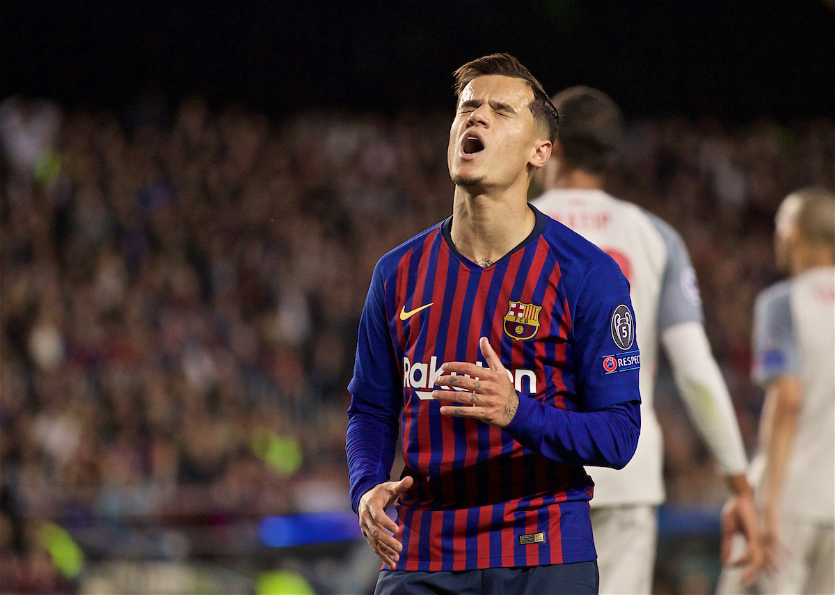 BARCELONA, SPAIN - Wednesday, May 1, 2019: FC Barcelona's Philippe Coutinho Correia looks dejected during the UEFA Champions League Semi-Final 1st Leg match between FC Barcelona and Liverpool FC at the Camp Nou. (Pic by David Rawcliffe/Propaganda)