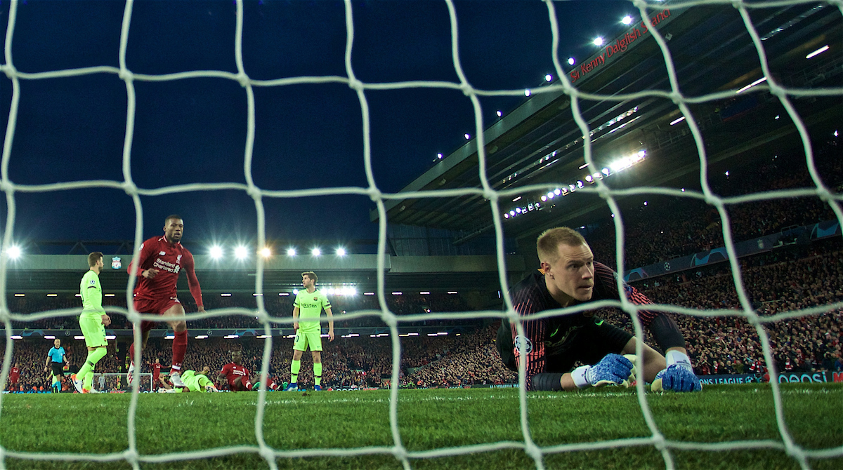 LIVERPOOL, ENGLAND - Tuesday, May 7, 2019: Liverpool's Georginio Wijnaldum races into the net to retrieve the ball after scoring the second goal as FC Barcelona's goalkeeper Marc-André ter Stegen looks on dejected during the UEFA Champions League Semi-Final 2nd Leg match between Liverpool FC and FC Barcelona at Anfield. (Pic by David Rawcliffe/Propaganda)