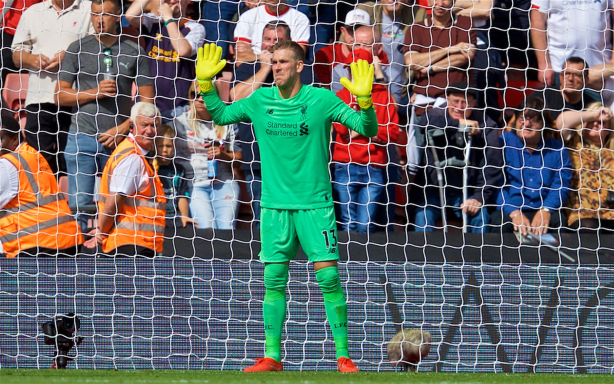LIVERPOOL, ENGLAND - Saturday, August 17, 2019: Liverpool's goalkeeper Adrián San Miguel del Castillo reacts during the FA Premier League match between Southampton FC and Liverpool FC at St. Mary's Stadium. (Pic by David Rawcliffe/Propaganda)