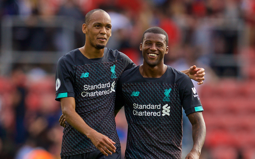 Liverpool's Fabio Henrique Tavares 'Fabinho' (L) and Georginio Wijnaldum after the FA Premier League match between Southampton FC and Liverpool FC at St. Mary's Stadium