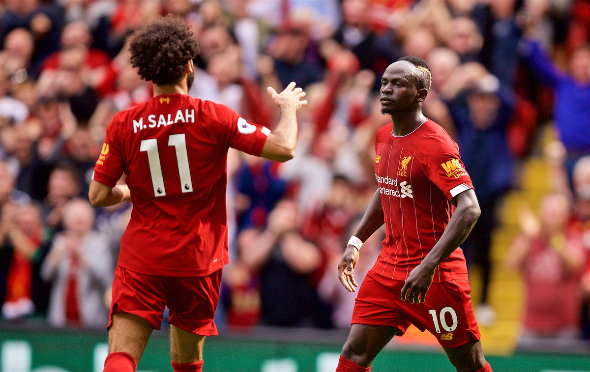 LIVERPOOL, ENGLAND - Saturday, September 14, 2019: Liverpool's Sadio Mane (R) celebrates scoring the second goal with team-mate Mohamed Salah (L) during the FA Premier League match between Liverpool FC and Newcastle United FC at Anfield. (Pic by David Rawcliffe/Propaganda)