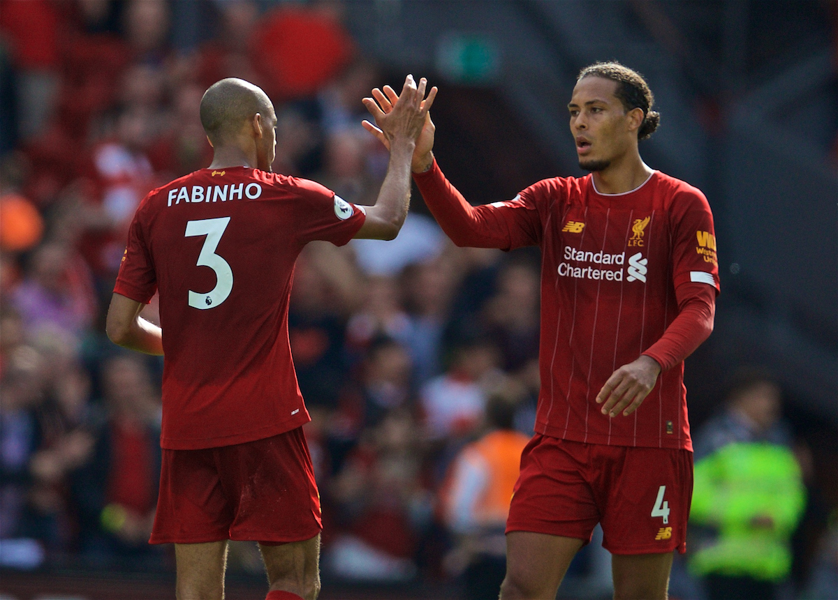 LIVERPOOL, ENGLAND - Saturday, September 14, 2019: Liverpool's Virgil van Dijk (R) and Fabio Henrique Tavares 'Fabinho' celebrate after the FA Premier League match between Liverpool FC and Newcastle United FC at Anfield. Liverpool won 3-1. (Pic by David Rawcliffe/Propaganda)